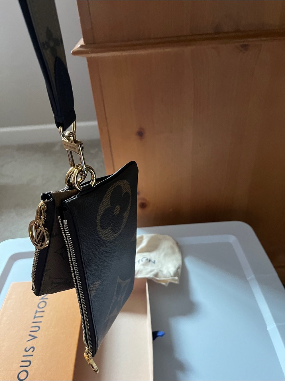 Louis Vuitton Black Monogram Mini Double Pouch Wristlet with Gold Hardware